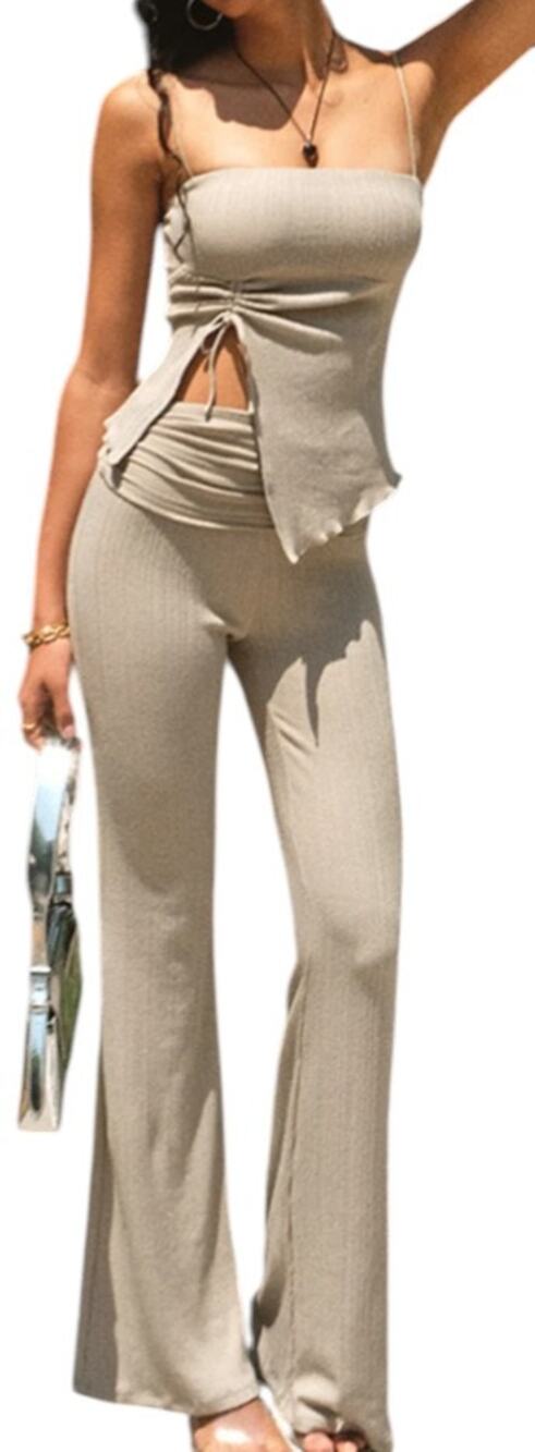 Commense Ribbed Two Piece Set Beige XL | Sleeveless Tie Top & Flared Pants NWT
